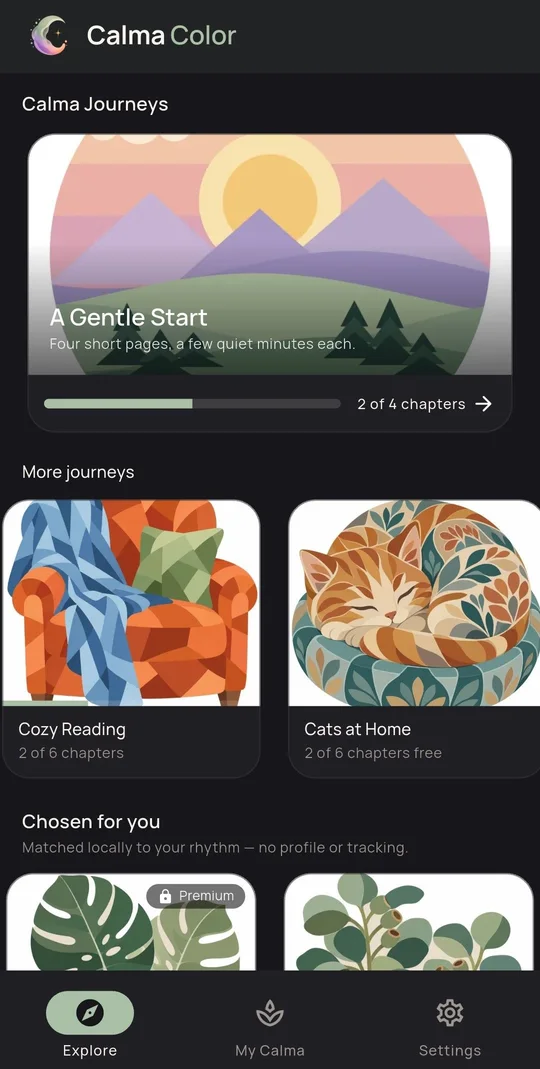 App screenshot: Calma Journeys